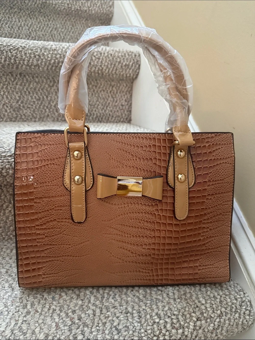 Croc-Embossed Bow Satchel in Cognac